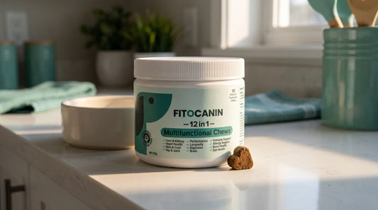 Priboljšek Fitocanin Holistic Forte na kuhinjskem pultu ob pasji skledi v jutranji svetlobi – trenutek izbire dodatka za zdravo pasje črevesje.
